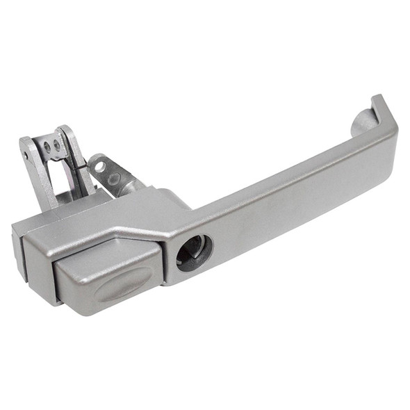 BRITPARTXS Right Hand Side XS Door Handle for Defender, silver door handle for vehicle exterior with mounting hardware.