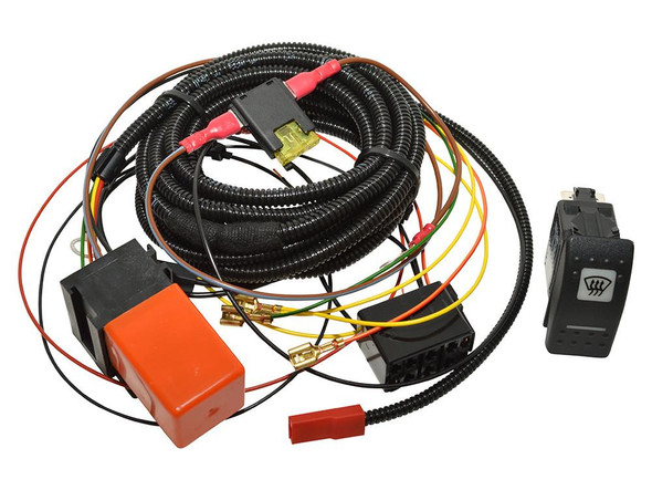 Britpart Heated Windscreen Wiring Kit Carling Switch for Defender, car windshield heating wiring harness with switch, connectors, and wires for vehicle heating system installation.