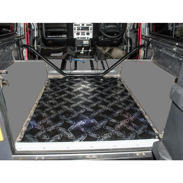 DYNAMAT  Rear Tub Floor Soundproofing Kit - DA8086 for Defender 90, installed on the vehicle's rear tub floor to reduce noise and vibration.