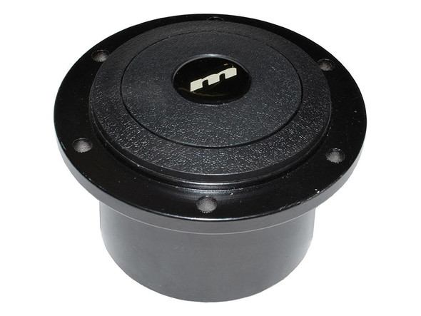 Britpart Steering Mountney Wheel Boss Kit for Defender, black round steering wheel boss with Mountney logo in the centre.