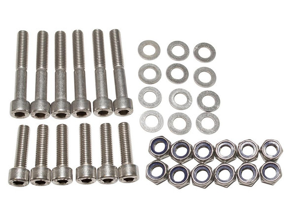 Britpart Rear Safari Door Bolt Kit Stainless Steel for Defender, image of stainless steel bolts, washers, and nuts laid out