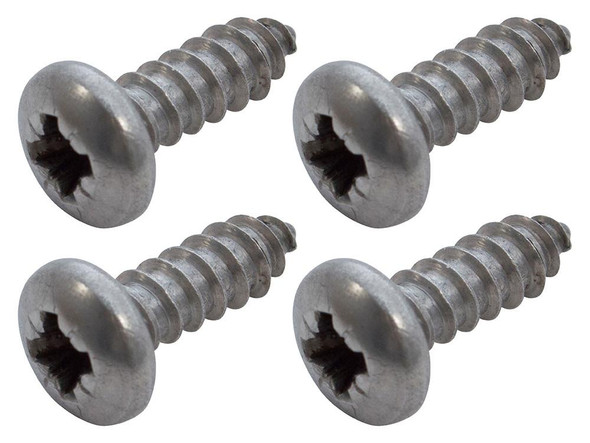 Britpart Headlight Surround Panel Stainless Steel Screw Kit for Defender, close-up of four stainless steel screws with Phillips drive heads.