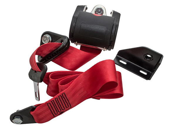 Britpart Front Left Seat Belt - Red for Defender Td5 & Puma, image of a red seat belt with mounting hardware for vehicle safety and protection.