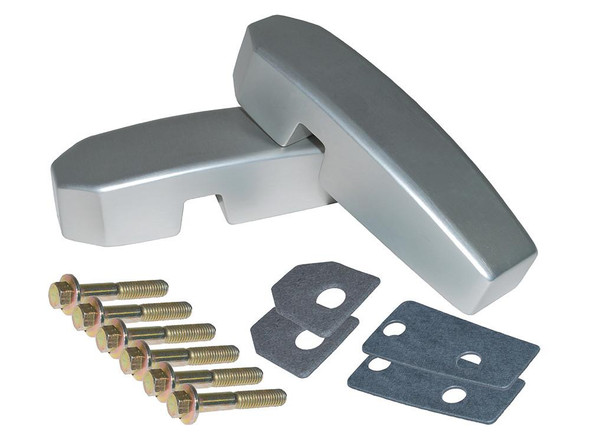 Britpart Billet Aluminium Windscreen Brackets DA1142 for Defender, Silver, with mounting hardware and plates.