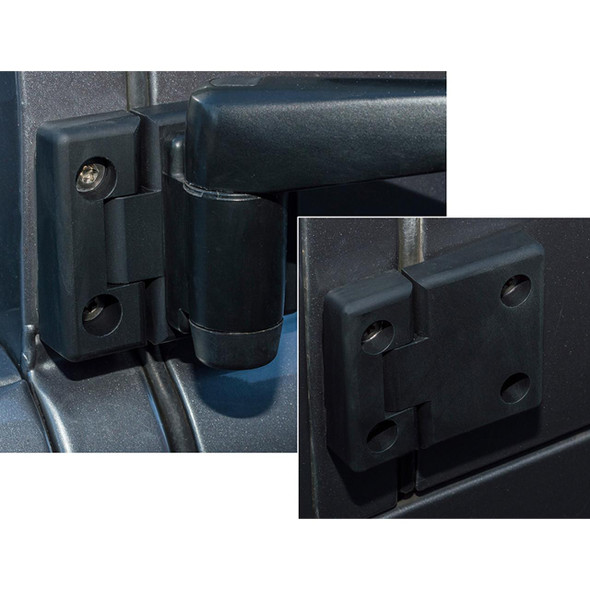 Britpart Door Hinge Kit - DA1305, close-up of black door hinge components including hinges and mounting plates.