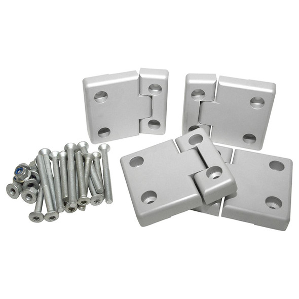Britpart Door Hinge Kit - DA1309, replacement metal door hinges with mounting screws for Land Rover vehicles.