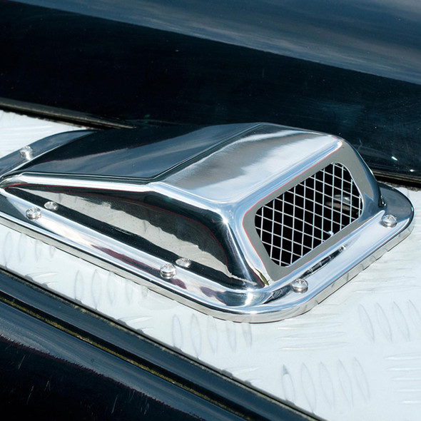 Britpart Stainless Steel Bonnet Top Vent Intake Scoop Right Hand for Defender, close-up view of shiny metallic vehicle vent with grille design.