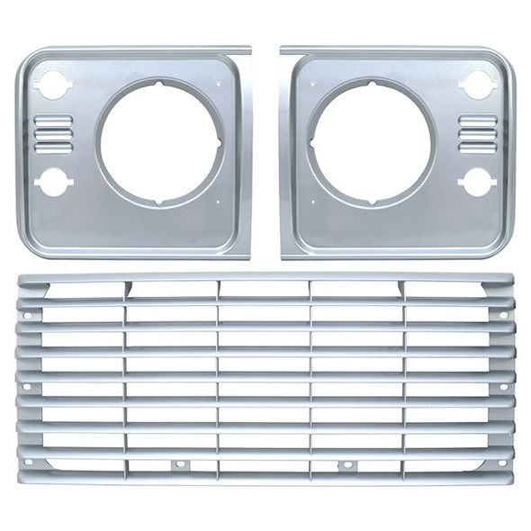 Britpart Radiator Grille & Headlamp Surround Set Indus Silver for Defender, silver-coloured grille and headlamp surround set for Defender vehicle, includes radiator grille and headlamp surrounds.