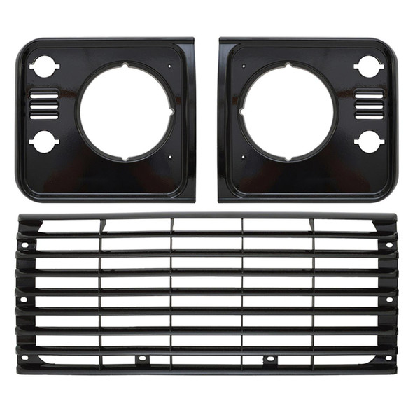 Britpart Radiator Grille & Headlamp Surround Set Santorini Black for Defender, black plastic grille and headlamp surround set with mounting holes and slatted design.