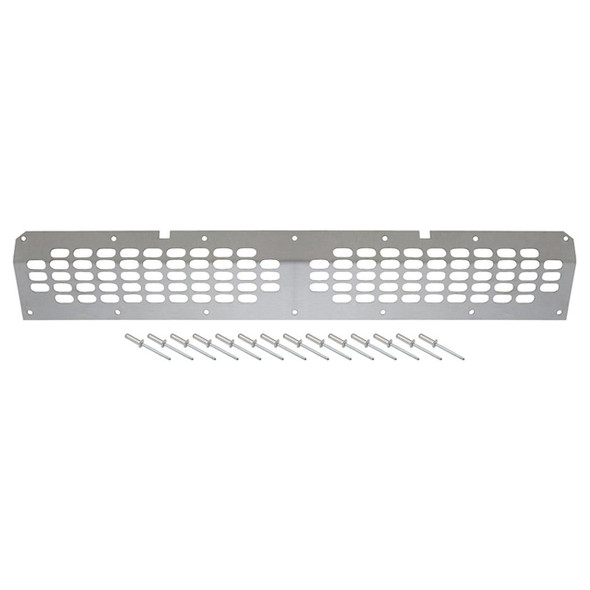 Britpart Stainless Steel Lower Grille for Defender, image of a stainless steel lower grille with multiple cutouts and mounting screws displayed.