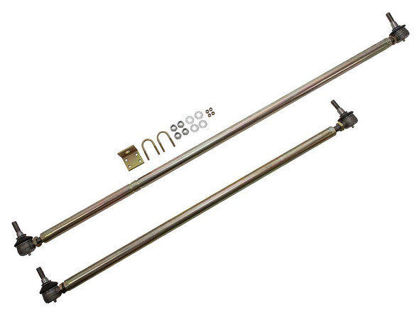 Britpart Heavy-Duty Solid Steel Drag and Track Rod Steering Arms with Greaseable Track Rod Ends for Discovery 1, image showing two steel steering arms with attached joints and mounting hardware for vehicle steering system.