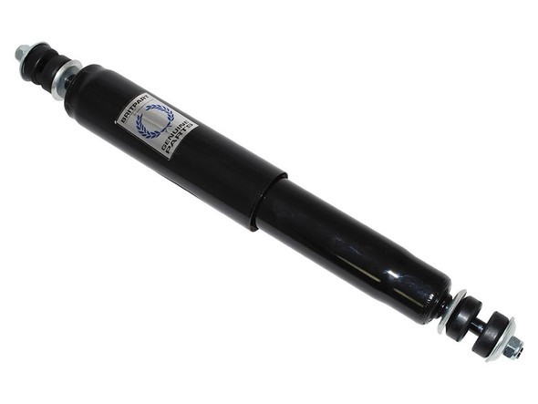 Britpart Heavy-Duty Oil Filled Front Shock Absorber for Defender, black automotive shock absorber with metal mounting components. Britpart Heavy-Duty Oil Filled Front Shock Absorber for Defender, black automotive shock absorber with metal mounting components.