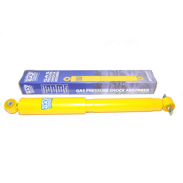 Britpart SUPER GAZ Front Shock Absorber Plus 50mm for Discovery 2, yellow shock absorber placed next to its packaging box.