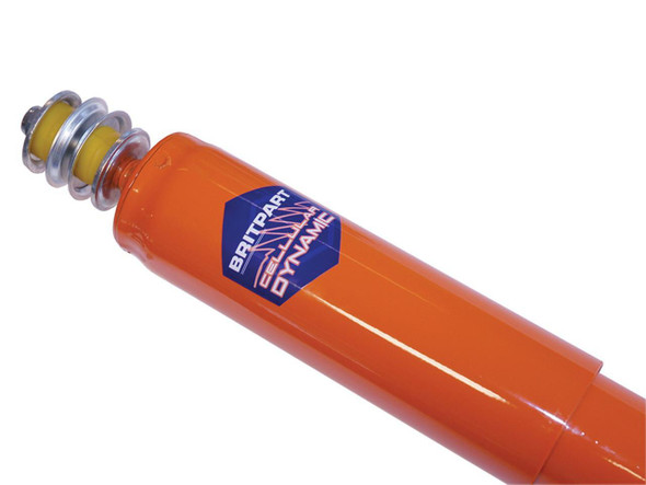 Britpart CELLULAR DYNAMIC Front Shock Absorber Plus 50mm for Defender, orange shock absorber with blue and white branding label.