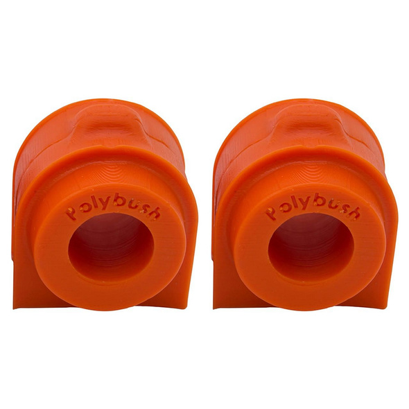 Polybush Rear Anti Roll Bar Bush Kit for Freelander 2, close-up of two bright orange polyurethane bushings with 'Polybush' embossed on the front, designed for vehicle suspension stability.
