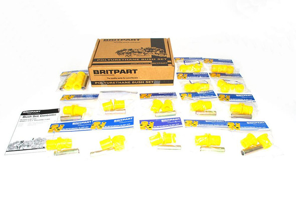 Britpart Yellow Polyurethane Suspension Bush Kit for Series 1, 2 & 3, yellow polyurethane bush set and metal pin components for vehicle suspension repair displayed with packaging.
