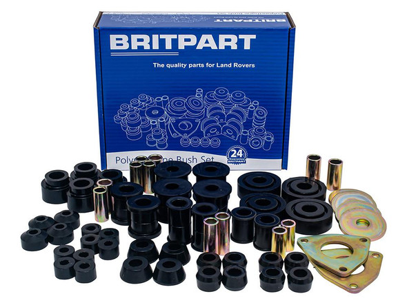Britpart Polyurethane Suspension Bush Set for Defender 2007-2009, black bushings, metal components, and packaging.