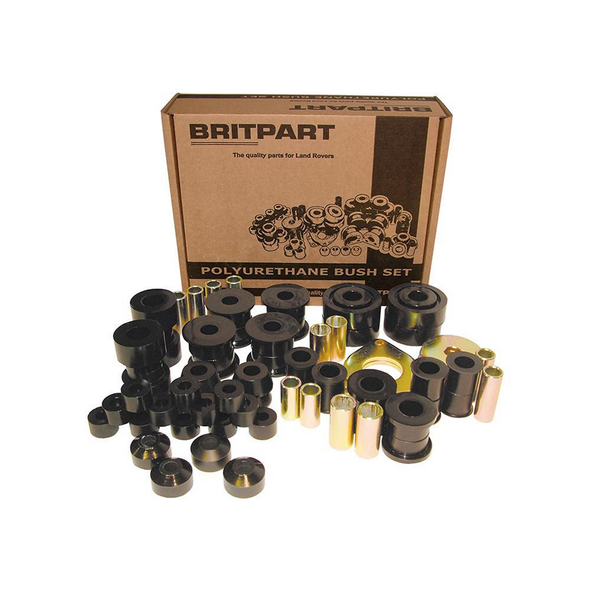 Britpart Polyurethane Suspension Bush Kit for Defender 1999-2007, black and gold bushings with a cardboard box featuring product information and illustrations.