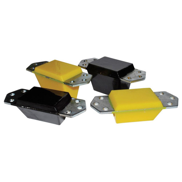 Britpart Black Front and Rear Bump Stop for Defender, image of four rubber bump stops with metal mounting plates in black and yellow colors.