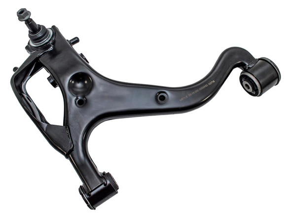 Meyle Front Left Lower Suspension Arm Heavy-Duty Meyle for Range Rover Sport L320 TDV8, a black automotive suspension component with mounting points, designed for vehicle stability and control.