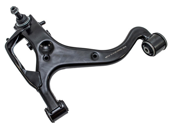 Meyle Front Left Lower Suspension Arm Heavy-Duty Meyle for Range Rover Sport L320, black suspension arm with bushings at both ends.