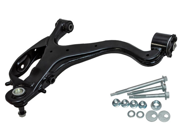 BRITPARTXS Front Right Hand Lower Arm with Bolt Kit for Range Rover Sport - LR029304, image showing the black lower control arm with mounting hardware and bolts.