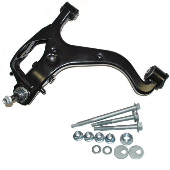 BRITPARTXS Front Right Lower Suspension Arm with Bolts, OE Quality, for Discovery 4, black metal suspension component with bolts and nuts.