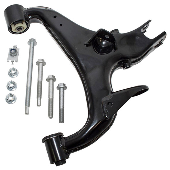 Direct Replacement Rear Right Lower Suspension Arm With Bolts for Discovery 3, a black automotive suspension component with bolts and nuts.