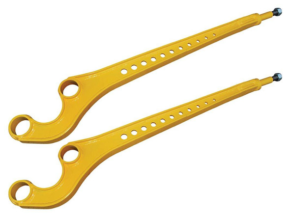 Britpart Heavy-Duty 3-Degree Castor Corrected Front Radius Arms Wide Bush for Defender, yellow heavy-duty vehicle suspension parts with multiple mounting holes.