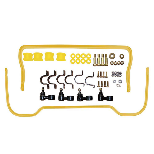 Britpart Anti Roll Bar Handling Kit Yellow for Defender, automotive suspension component set with yellow stabilizer bar, brackets, bushings, and hardware.