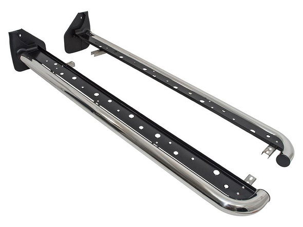 Direct Replacement Stainless Steel Side Steps for Discovery 2, image showing a pair of chrome-finished side steps with black mounting brackets for off-road vehicle