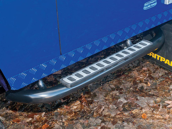 Terrafirma Fire & Ice Style Side Steps - Silver - LR008379, side step for Defender 90 with silver finish and textured step surface, mounted on vehicle with side photo showing the step.