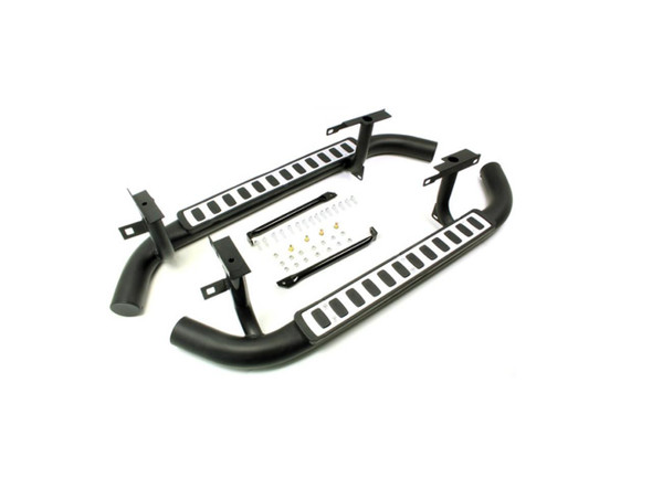 Terrafirma Fire & Ice Style Side Steps - Silver, side steps with black and silver rubber tread plates for Defender 90.