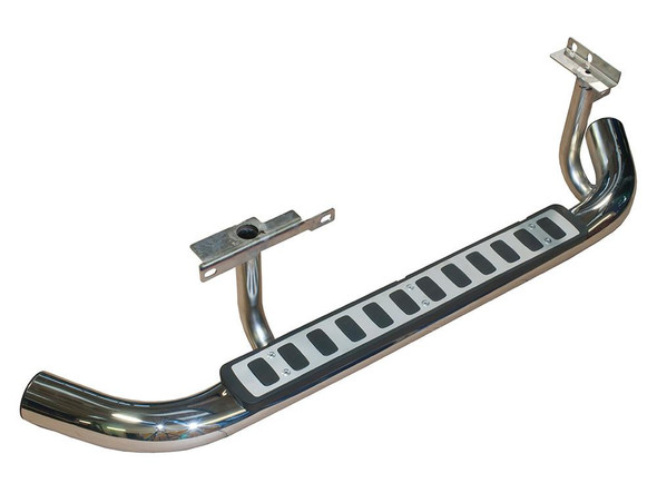 Fire and Ice Stainless Steel Side Steps for Defender 90, front view of OEM car part with polished stainless steel finish and black step pad.
