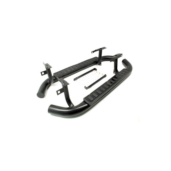 Terrafirma Black Fire & Ice Style Side Steps - LR008379B for Defender 90, black metal side steps with textured footrests and mounting hardware included.