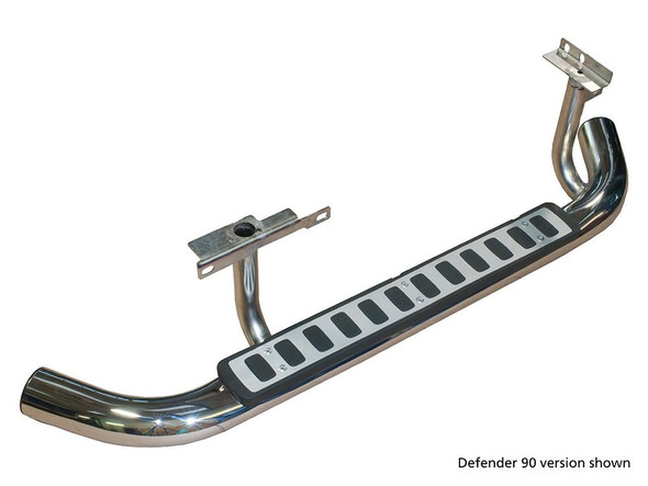 OEM Parts Fire and Ice Stainless Steel Side Steps for Defender 110, side view of stainless steel side step with black anti-slip tread for Defender 110.