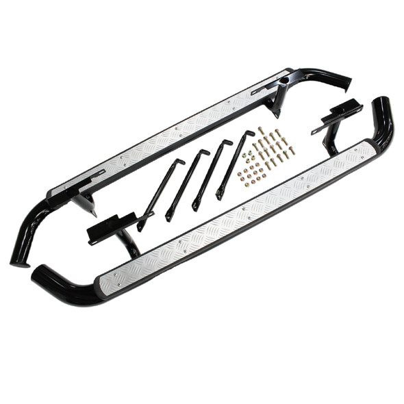 OEM Parts Side Steps with Chequer Plate (LR029294KIT) for Defender 110, black side steps with silver chequer plate surface, mounting brackets, and hardware on a white background.