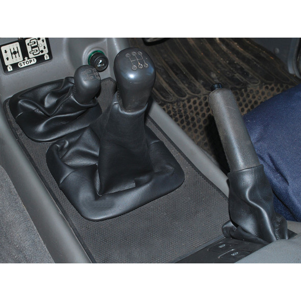 Britpart Handbrake Lever Gaiter for Discovery 1/2, close-up image of the black leather gear stick gaiter on a vehicle's handbrake lever.