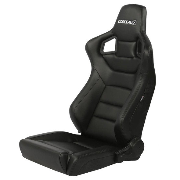 CORBEAU Corbeau Sportline RRS Low Base Seats for Defender, black vinyl racing seats with sleek design, headrest, and cutout side panels for ventilation.