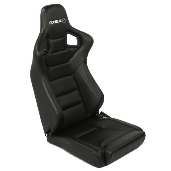 CORBEAU  Sportline RRS Low Base Seats for Defender Black Vinyl Pair, rear view of black racing seats with side bolsters, cut-out headrest, and white logo embroidered on headrest.