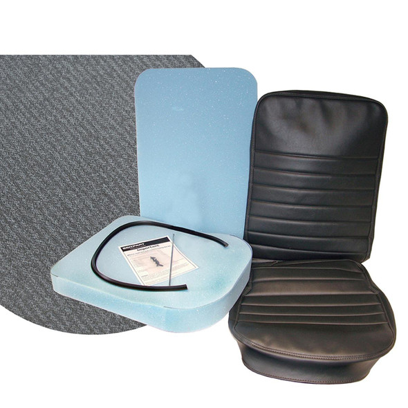 Britpart Re-Trim Kit - DA5632E, vehicle seat reupholstery kit with foam padding, black leather seat covers, and installation tools.