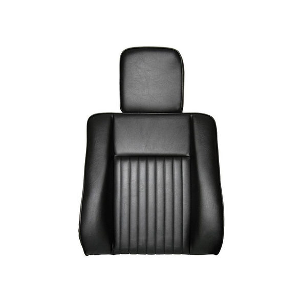 Britpart Deluxe Black Vinyl Outer Seat Back Cushion With Headrest for Series, front view of the black vinyl upholstered vehicle seat with headrest and vertical stitching.