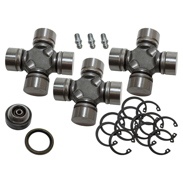 Product OEM Parts Front Propshaft Double Cardon Joint Repair Kit for Discovery 2, includes two universal joints, four snap rings, three bolts, a grease seal, and a bearing