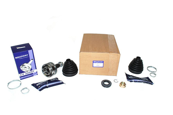 Britpart CV Joint Kit for Range Rover P38, image showing CV joint, rubber boots, clamps, and packaging.