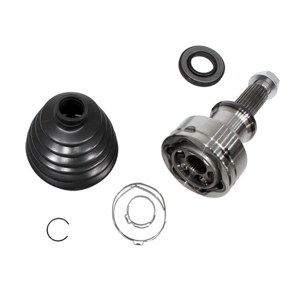 Britpart CV Joint Kit for Discovery 2, open CV joint with rubber boot, rubber seal, clips, grease packet, and other drive shaft components displayed.