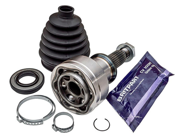 Britpart CV Joint Kit for Discovery 2, open CV joint with rubber boot, rubber seal, clips, grease packet, and other drive shaft components displayed.