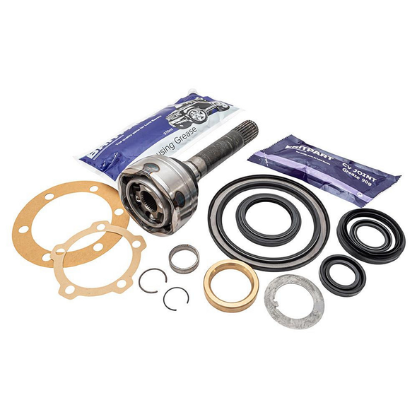 Britpart CV Joint Repair Kit - Non-ABS, 32/10 Splines for Defender (1986-1994) | DA6058, image showing the CV joint repair kit components including seals, gaskets, clips, and the joint itself arranged on a white background.