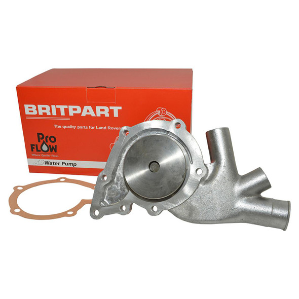 PROFLOW Engine Coolant Water Pump, compatible with Defender 2.5 Petrol/2.5 Diesel, shown with gasket and original packaging.