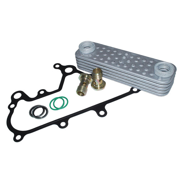 Britpart TD5 Engine Oil Cooler Repair Kit - DA1127, engine oil cooler repair kit components including a silver finned oil cooler, black gasket, and brass fittings.