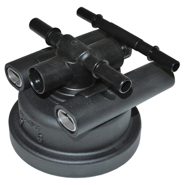 OEM Parts Fuel Filter Housing Assembly - DA1159 for Defender Puma Tdci, black fuel filter housing with multiple inlet and outlet ports.